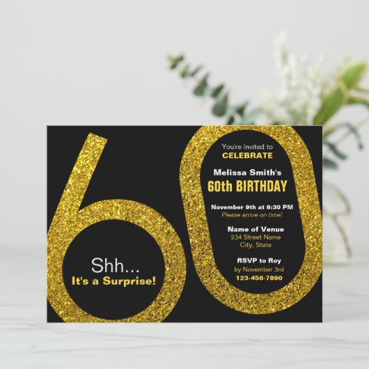 60e Gouden Glitter Verjaardag Uitnodiging (Staand voorkant)