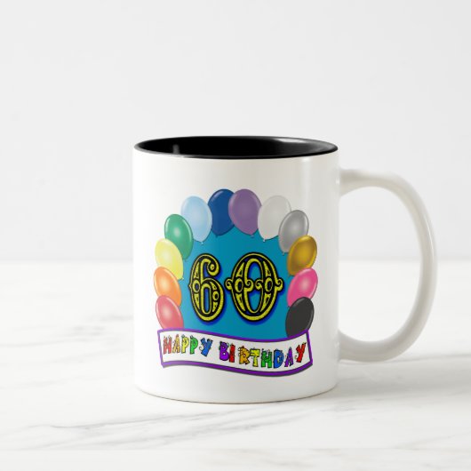 60e Happy Birthday Balloons Merchandise Tweekleurige Koffiemok (Rechts)