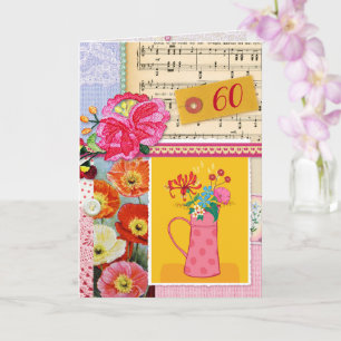 60e Happy Birthday Collage Floral art scrapbook Kaart