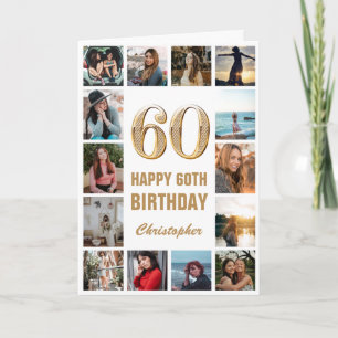 60e Happy Birthday Gold en White Photo Collage Kaart