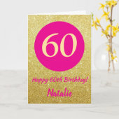60e Happy Birthday Hot Pink en Gold Glitter Kaart (Gele Bloem)