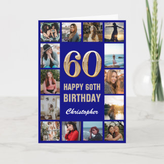 60e Happy Birthday Navy Blue & Gold Photo Collage Kaart