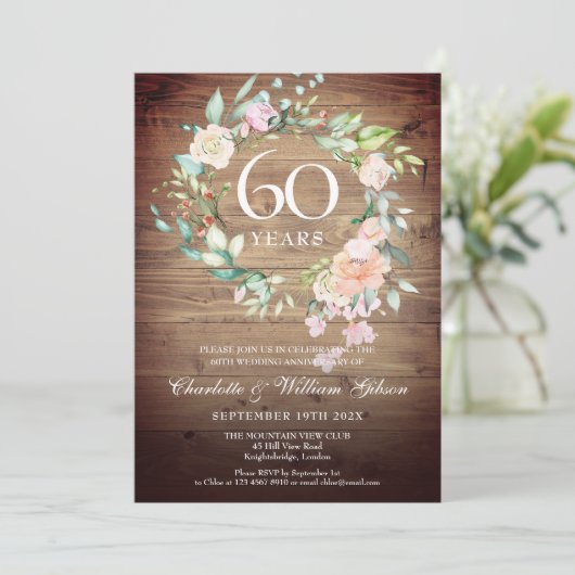 60e huwelijksjubileum Rozen Rustiek Hout Kaart (Staand voorkant)