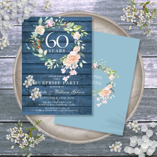 60e Jubileum Enterprise Party Floral Blue Rustic Kaart