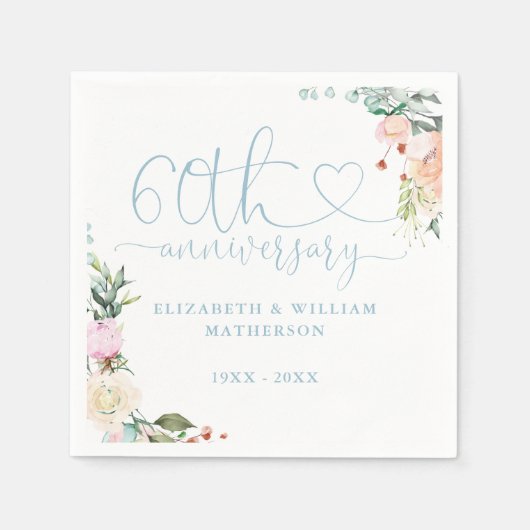 60e Jubileum Gouden Hart Rozen Bloemen Servet (Voorkant)