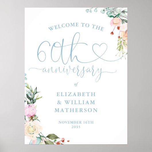 60e Jubileum Hartschrift Bloemen Welkomstbord Poster (Voorkant)