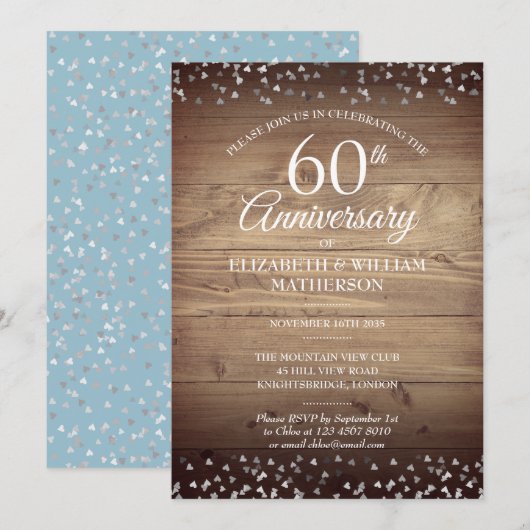 60e jubileum Love Hearts Confetti Rustic Wood Kaart (Voorkant / Achterkant)