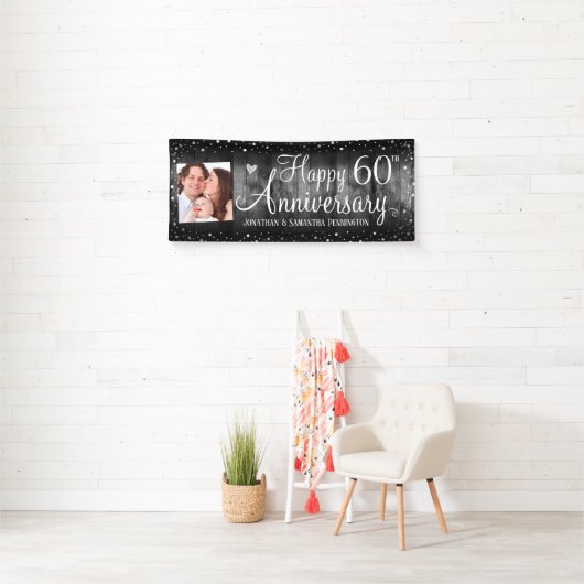 60e Jubileum Rustic Wood Foto Silver Confetti Spandoek (Insitu)