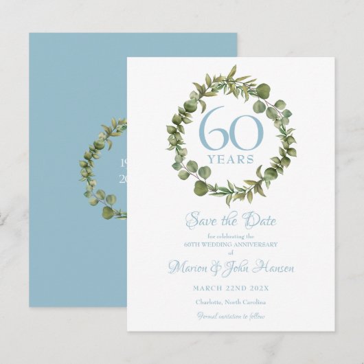 60e Jubileum Save the Date Greenery Garland Aankondigingskaart (Voorkant / Achterkant)