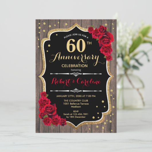 60e Jubileum Uitnodiging - Rood hout (Staand voorkant)