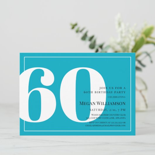 60e moderne Aqua en White Script Verjaardag Kaart (Staand voorkant)