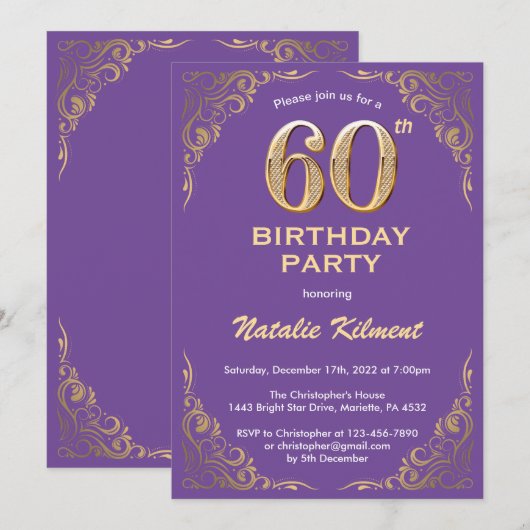 60e Paars- en goudglitter-Lijst op jaardag Kaart (Voorkant / Achterkant)