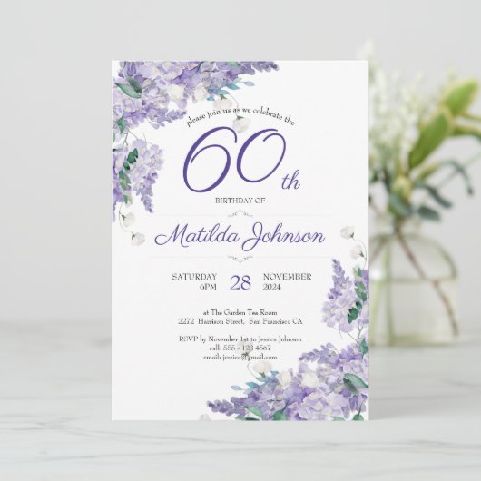 60e Paarse Waterverf Birthday Floral Wisteria Kaart (Staand voorkant)