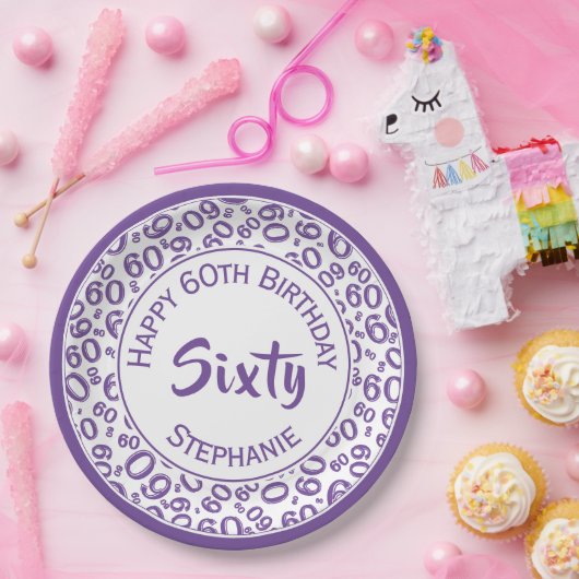 60e Partij Willekeurig Getal Patroon Paarse/Wit Papieren Bordje (Feest)