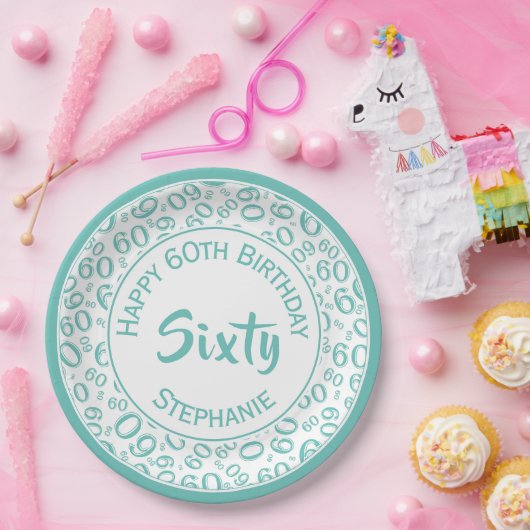 60e Partij Willekeurige Getal Patroon Blauwgroen/W Papieren Bordje (Feest)