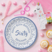 60e Partij Willekeurige Nummer Patroon Blauw/Wit Papieren Bordje (Feest)