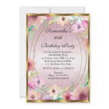 60e Roze Floral Gold Birthday Party Invitation