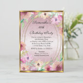 60e Roze Floral Gold Birthday Party Invitation Kaart (Staand voorkant)