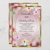 60e Roze Floral Gold Birthday Party Invitation Kaart (Voorkant / Achterkant)