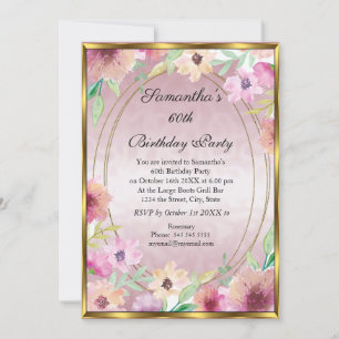 60e Roze Floral Gold Birthday Party Invitation Kaart