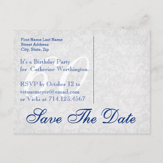 60e Save the Date Verjaardag Blue Lace Chevrons V0 Aankondigingskaart (Achterkant)