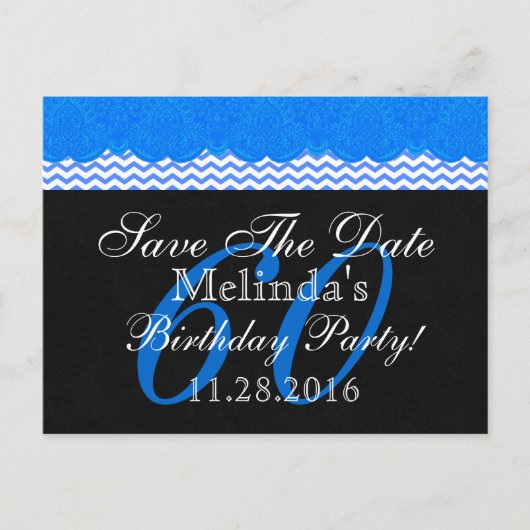 60e Save the Date Verjaardag Blue Lace Chevrons V0 Aankondigingskaart (Voorkant)