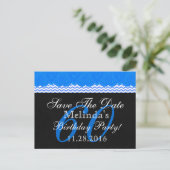 60e Save the Date Verjaardag Blue Lace Chevrons V0 Aankondigingskaart (Staand voorkant)