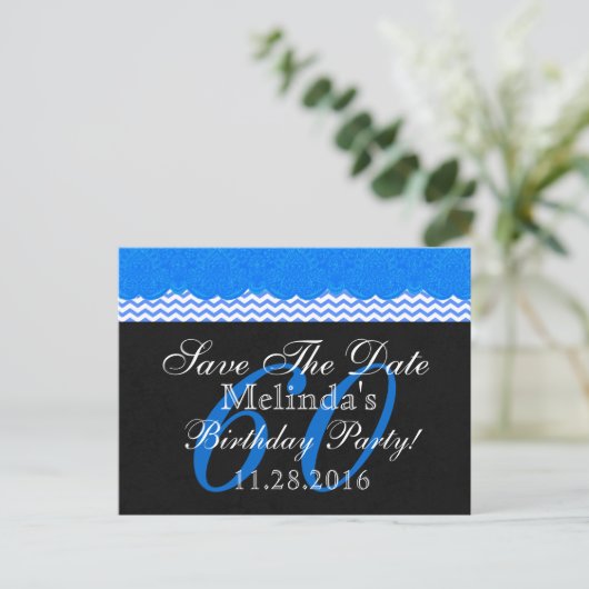 60e Save the Date Verjaardag Blue Lace Chevrons V0 Aankondigingskaart (Staand voorkant)