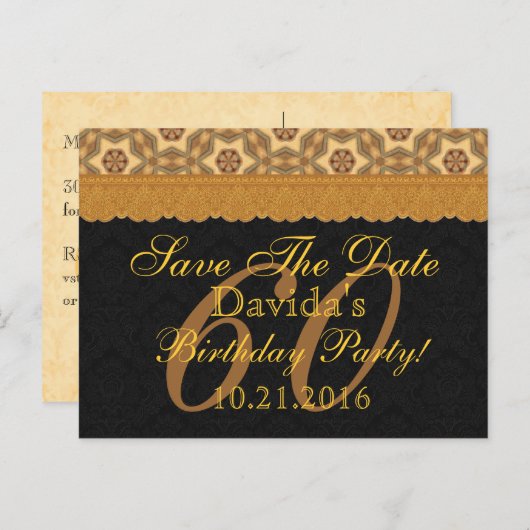 60e Save the Date Verjaardag Goud Zwart Kant Aankondigingskaart (Voorkant / Achterkant)