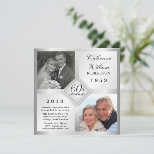60e Silver Diamond Jubileum Foto-uitnodigingen Kaart (Staand voorkant)