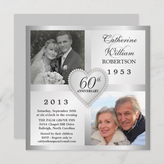 60e Silver Jubileum Heart Photo Invitations Kaart (Voorkant / Achterkant)
