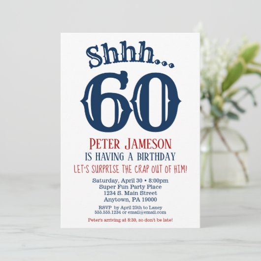 60e Surprise Birthday Invitation Mannen Navy Blue Kaart (Staand voorkant)