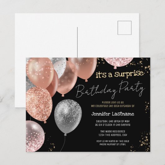 60e Surprise Birthday Party Glitter Balloons Briefkaart (Voorkant / Achterkant)