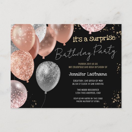 60e Surprise Birthday Party Glitter Balloons Briefkaart (Voorkant)