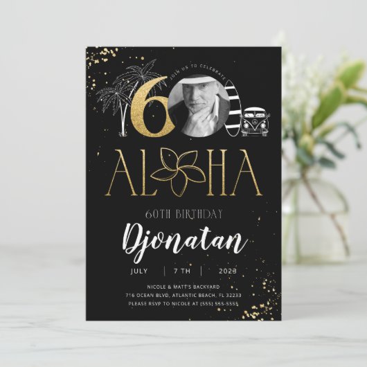 60e Tropical Birthday Gold Invitation met foto Kaart (Staand voorkant)