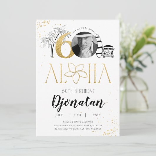 60e Tropical Birthday Gold Invitation met foto Kaart (Staand voorkant)