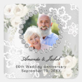 60e trouwjubileum zilveren foto bloemen kant vierkante sticker (Voorkant)