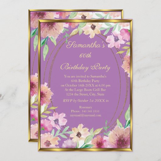 60e uitnodiging van de Paarse Floral Gold Birthday (Voorkant / Achterkant)