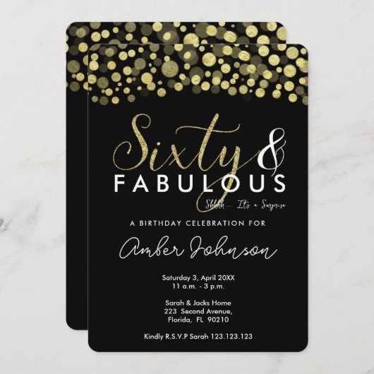 60e uitnodiging voor verjaardagsfeestje, zwart en  (Voorkant / Achterkant)