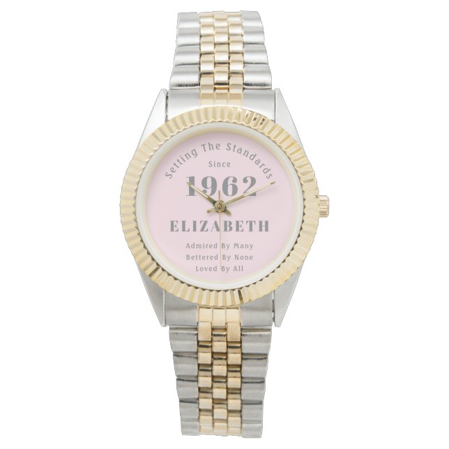 60e verjaardag 1962 Elegant Girly Pink Grey Woman' Horloge (Voorkant)