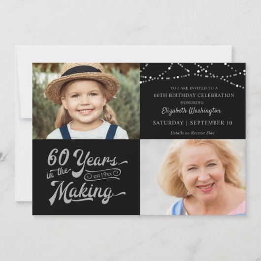 60e Verjaardag 2 Foto's Zilveren String Lights Kaart (Voorkant)