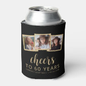 60e Verjaardag 3-Foto Zwart Goud Script Cheers Blikjeskoeler (Blikje Voorkant)