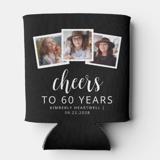 60e Verjaardag 3-Foto Zwart Goud Script Cheers Blikjeskoeler (Achterkant)