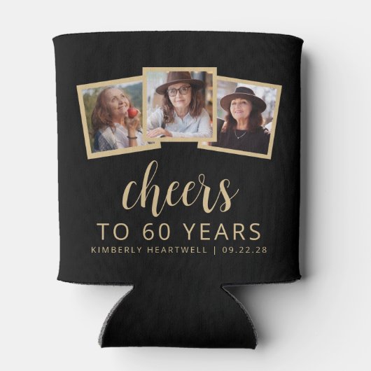 60e verjaardag 3-foto zwart wit script juichen blikjeskoeler (Achterkant)