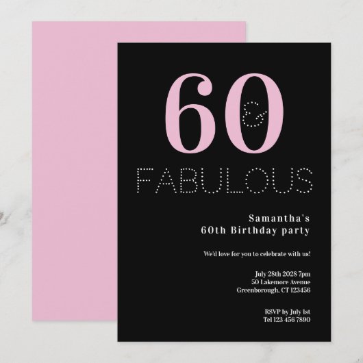 60e verjaardag 60 en Fabulous Black Pink Party Kaart (Voorkant / Achterkant)