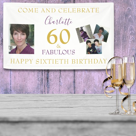 60e verjaardag 60 en Fabulous Photo Collage Gold Spandoek