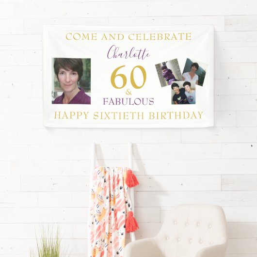 60e verjaardag 60 en Fabulous Photo Collage Gold Spandoek (Insitu)