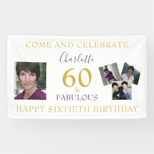 60e verjaardag 60 en Fabulous Photo Collage Gold Spandoek (Horizontaal)