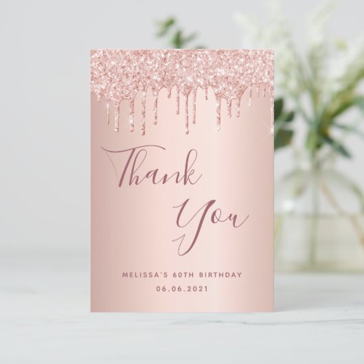 60e verjaardag 60 roos goud glitter druppelt glamo bedankkaart (Staand voorkant)