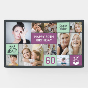 60e verjaardag aangepaste foto collage paars groen spandoek